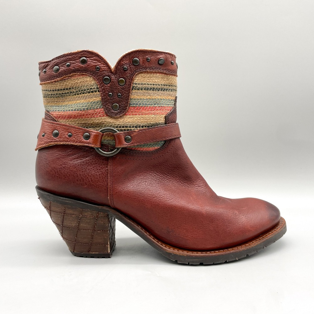 Justin Womens 11B Harness Boots Red Brown Leather Southwestern Heel Studded Hoho